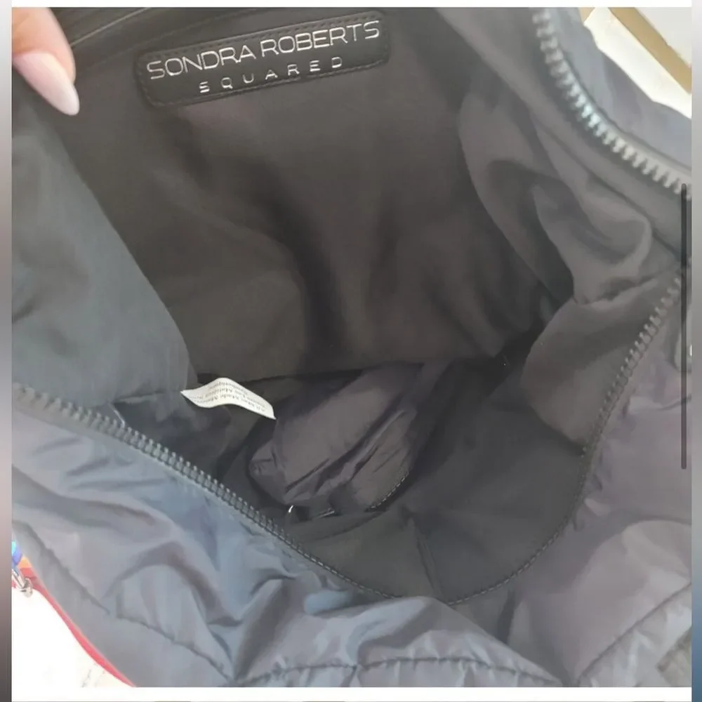 Sondra Roberts squared black rainbow puffer tote bag